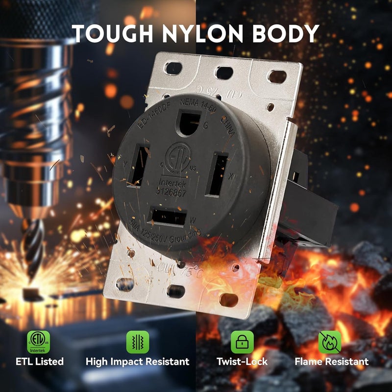 PLUGTUL NEMA 14-60R Flush Mounting Receptacle, 60Amp Receptacle Outlet, Straight Blade, Industrial Grade, 60 Amp, 125/250 Volt, ETL Listed - Image 3